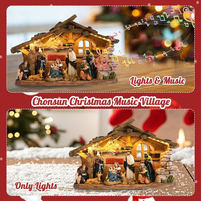 CHONSUN Nativity Scene Indoor 10.2 Inch Christmas Music Village Manger Nativity Sets Tabletop Jesus Christmas Figurines Decorations Christmas Ornaments - Image 5